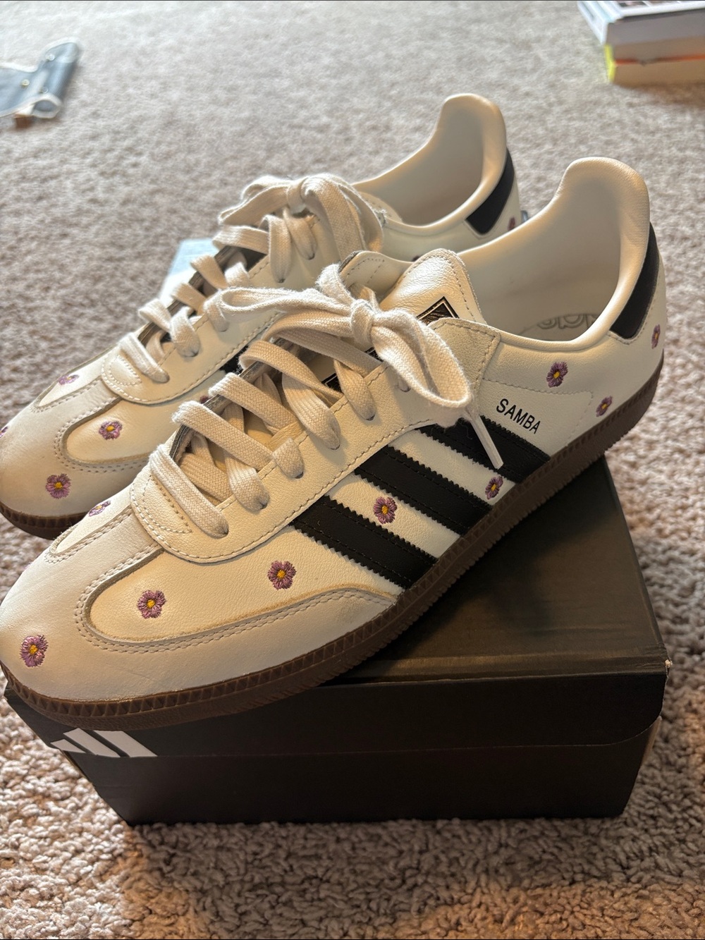 Adidas floral Samba Sneakers White with Black Stripes and Purple Flower Accents